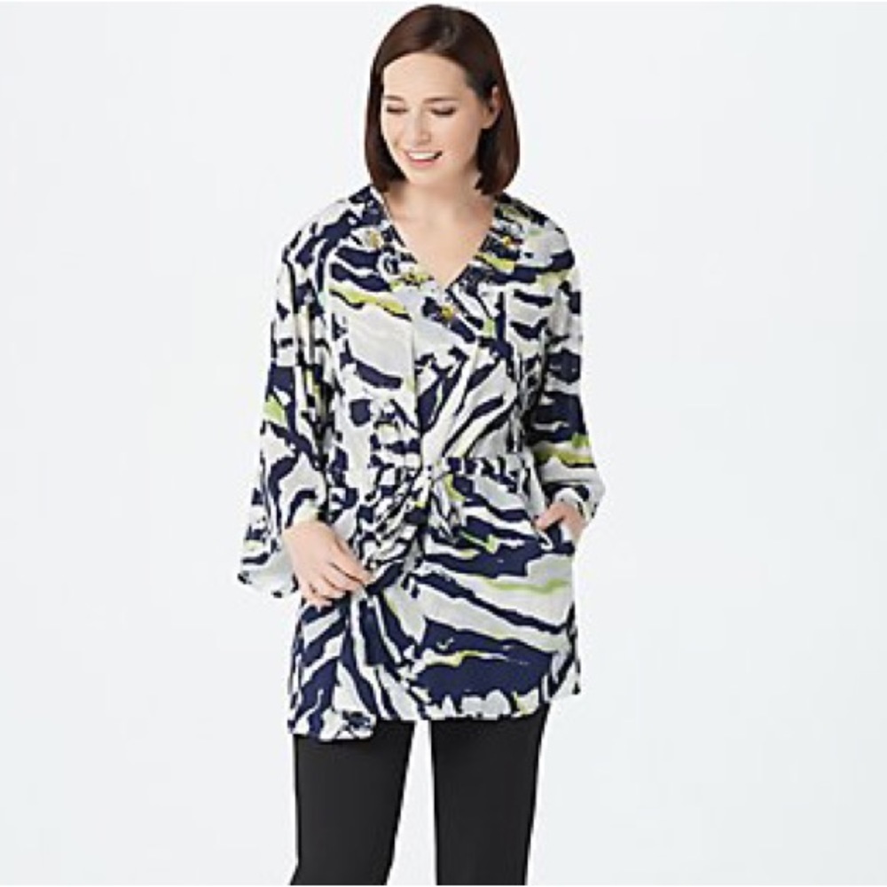 Dennis Basso Printed Woven Beaded Caftan with Tie at Waist
